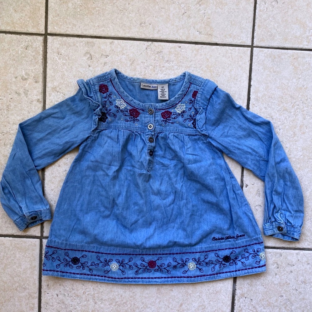 Calvin Klein Jeans Embroidered Denim Tunic Kids 4T Blue‎ Excellent Floral Boho